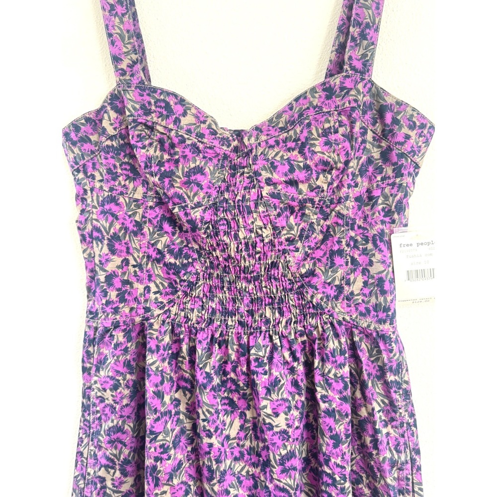 Free People Poppy Petals Purple Floral Smocked Sweetheart Mini‎ Dress - Picture 3 of 7